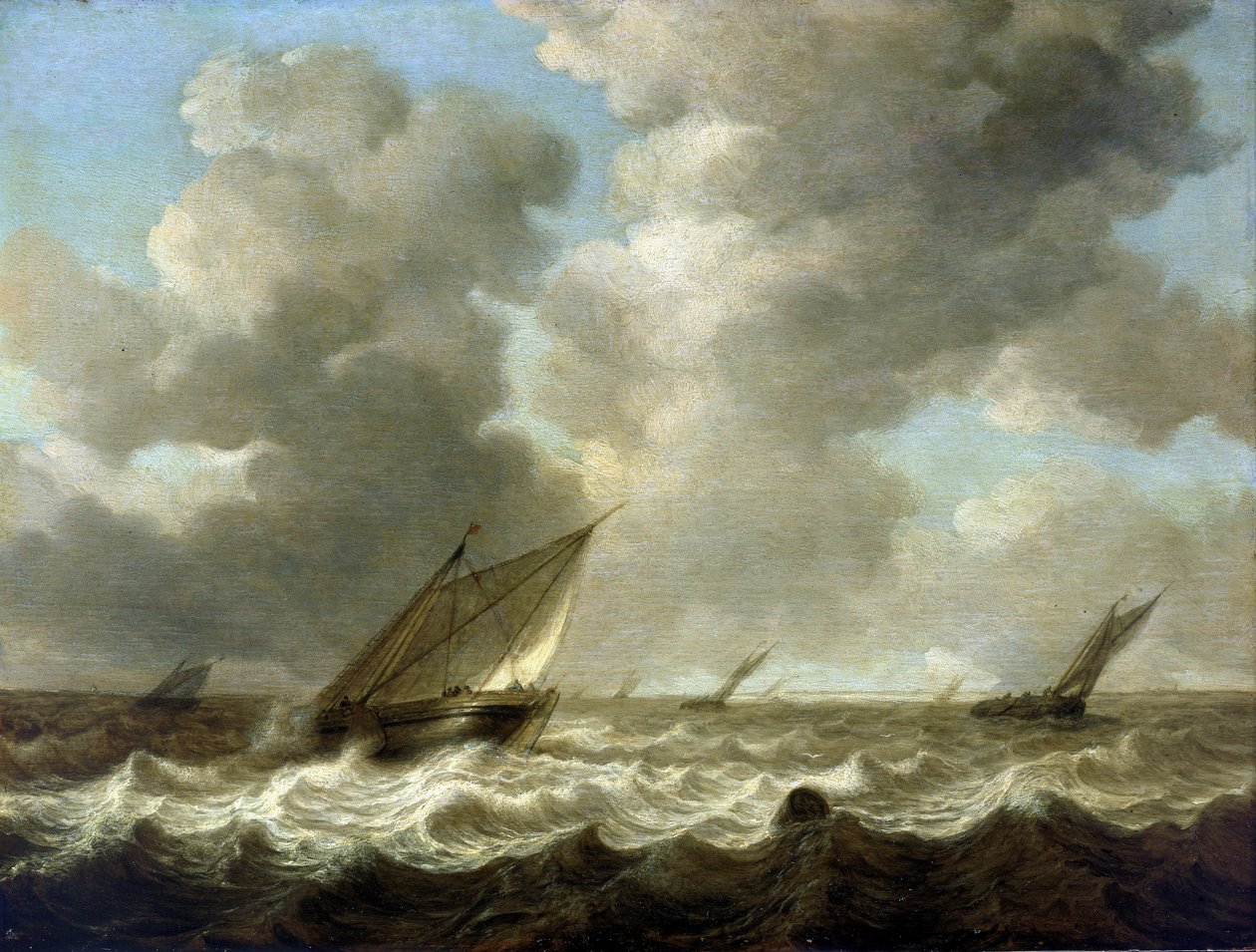 Barcos de pesca en mar gruesa, en el horizonte se ve la costa holandesa. Óleo sobre madera de Simon Jacobsz. Vlieger