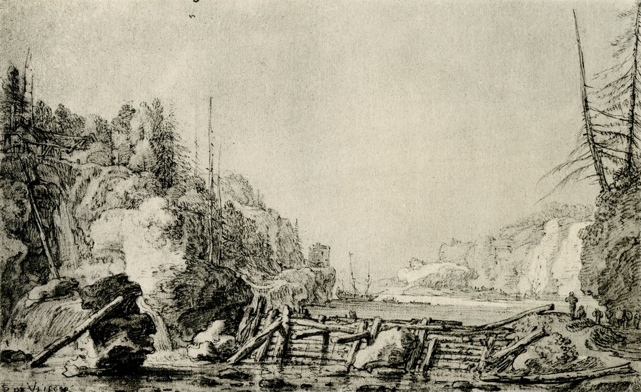 Paisaje con un río entre bancos montañosos de Simon de Vlieger