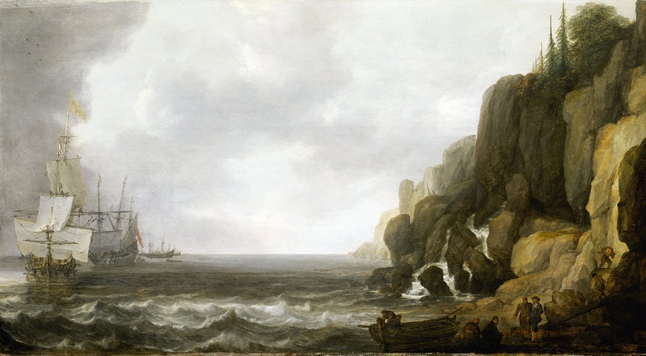 Abasteciendo a una escuadra de buques de guerra holandeses anclados frente a una costa rocosa, varios marineros se agrupan en la playa de Simon Jacobsz. Vlieger