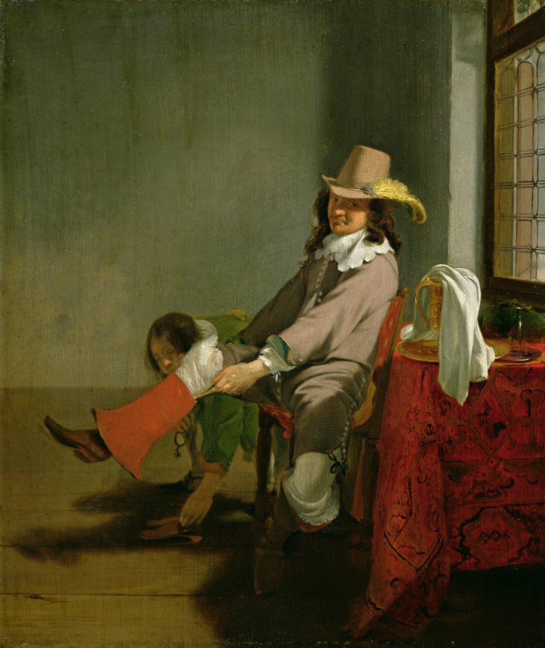Interior con un oficial poniéndose la bota, ayudado por su ayudante (óleo sobre tabla) de Simon Kick