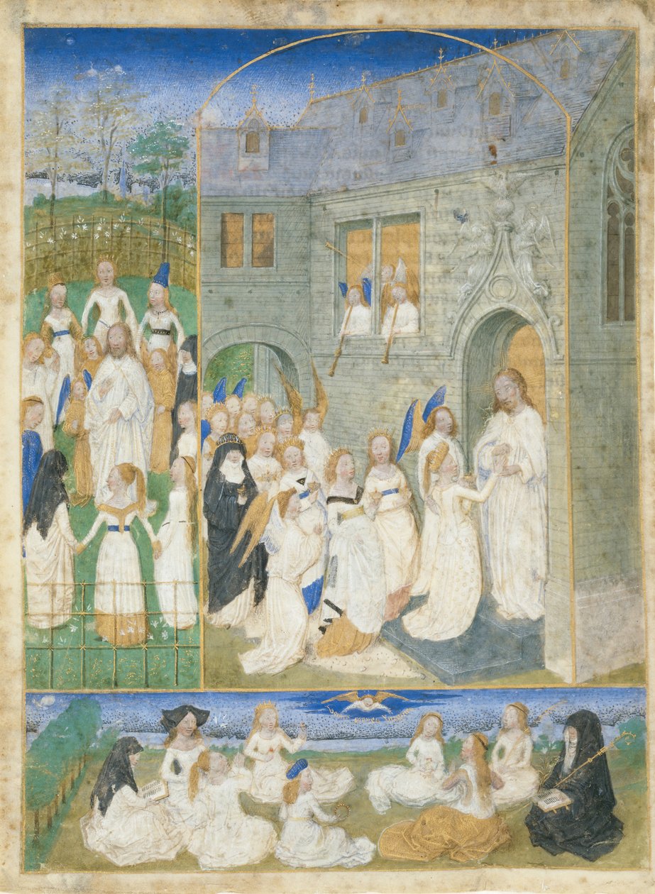 Las santas vírgenes saludadas por Cristo al entrar en las puertas del Paraíso de Simon Marmion