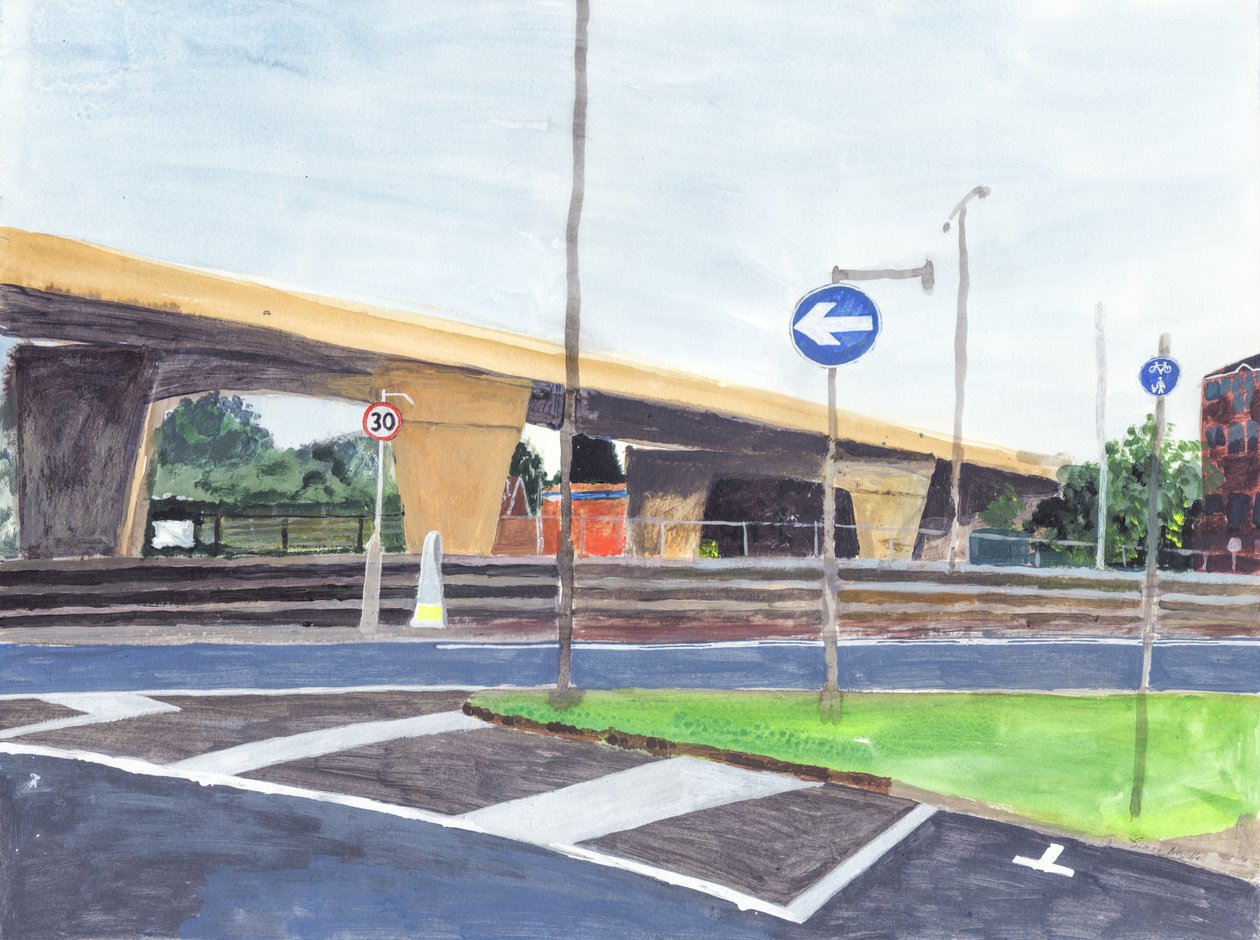 Paso elevado de hormigón, 2019 (acrílico, acuarela y tinta sobre papel) de Simon Neville