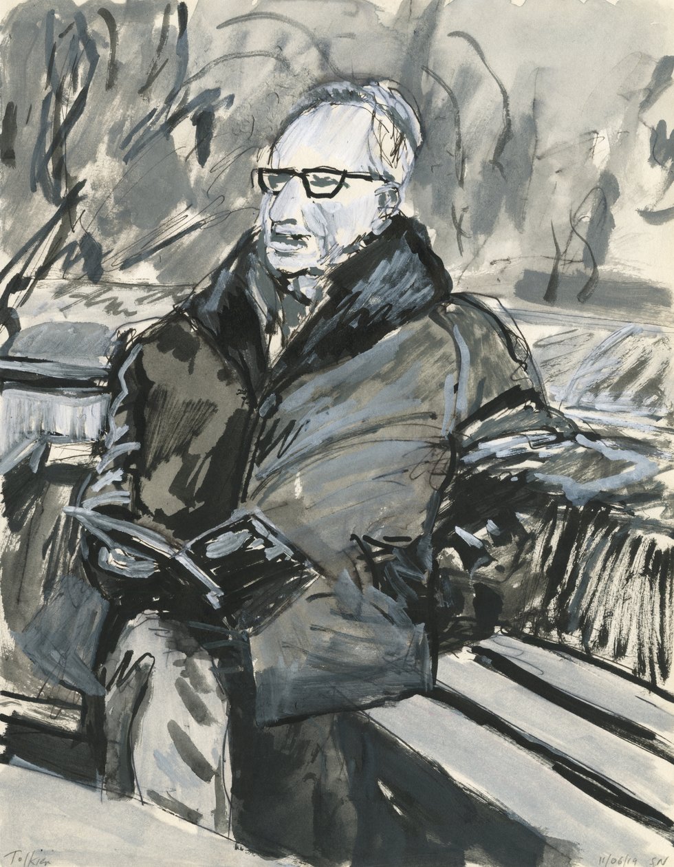 Hombre leyendo un libro, 2019 (tinta y rotuladores de pintura acrílica sobre papel) de Simon Neville