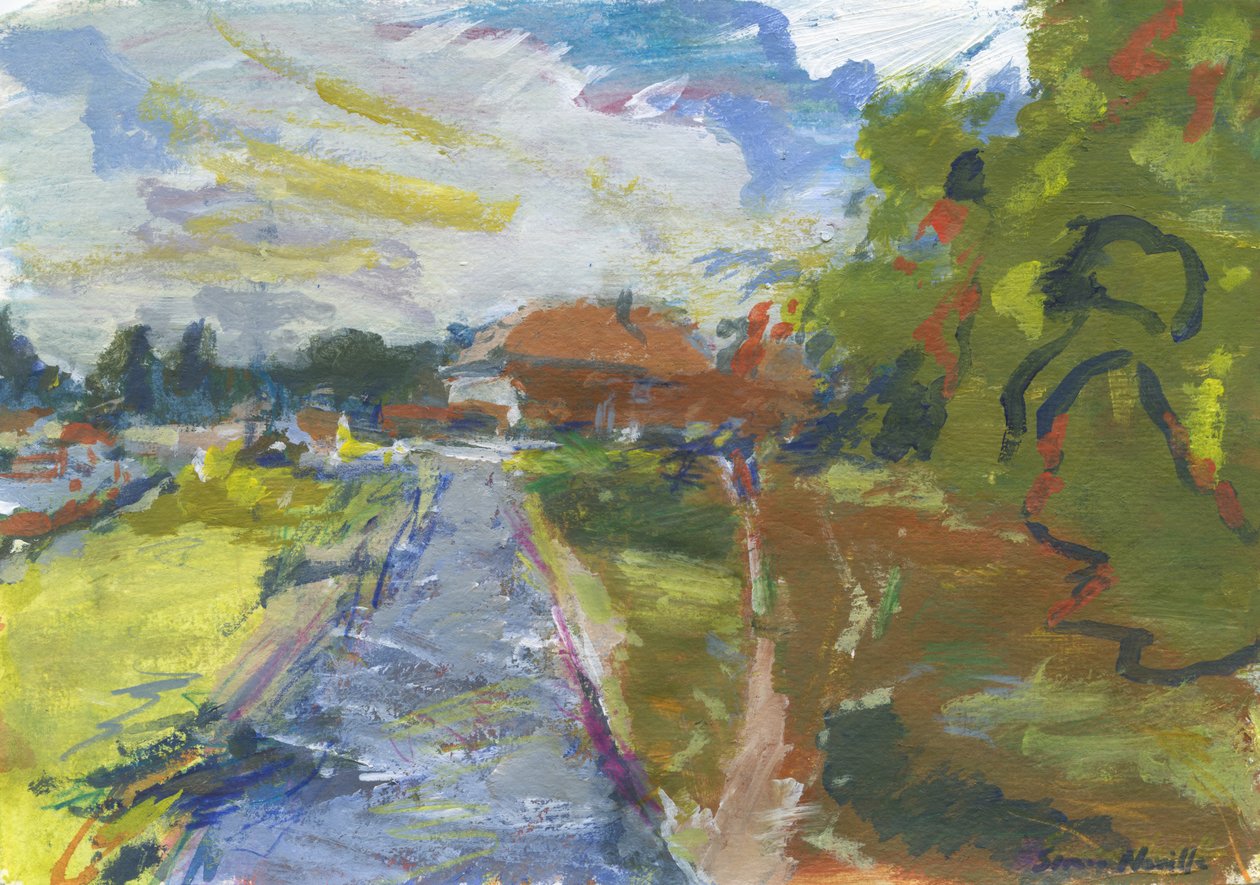 Pavenment  shortcut to houses, 2024 (acrílico, acuarela, lápices de acuarela y pastel al óleo sobre papel) de Simon Neville