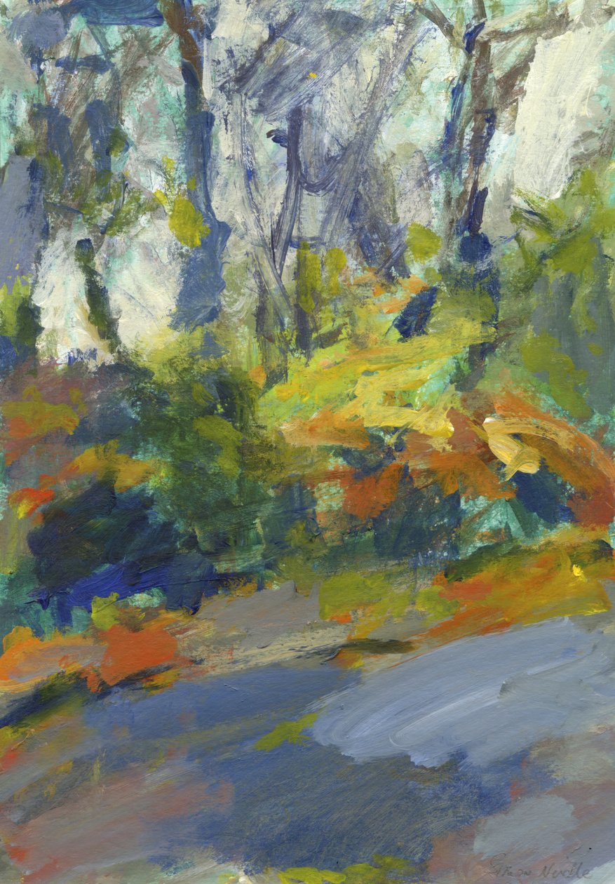 Carretera con árboles y arbustos, 2023 (acrílico sobre papel) de Simon Neville