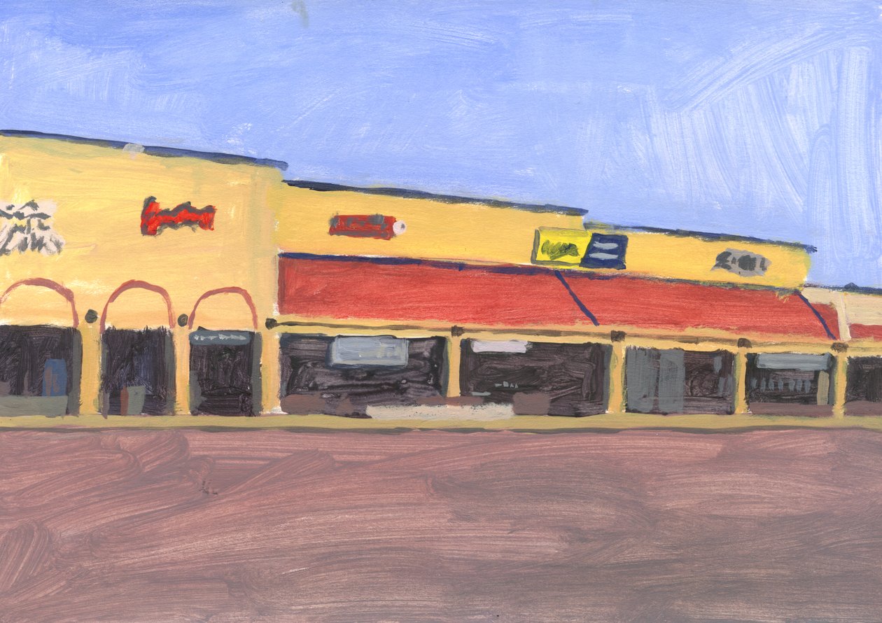 Strip mall 7, 2023 (acrílico sobre papel) de Simon Neville