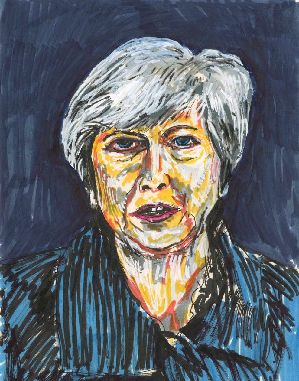 Theresa May, 2019 (tinta y rotuladores de pintura acrílica sobre papel) de Simon Neville
