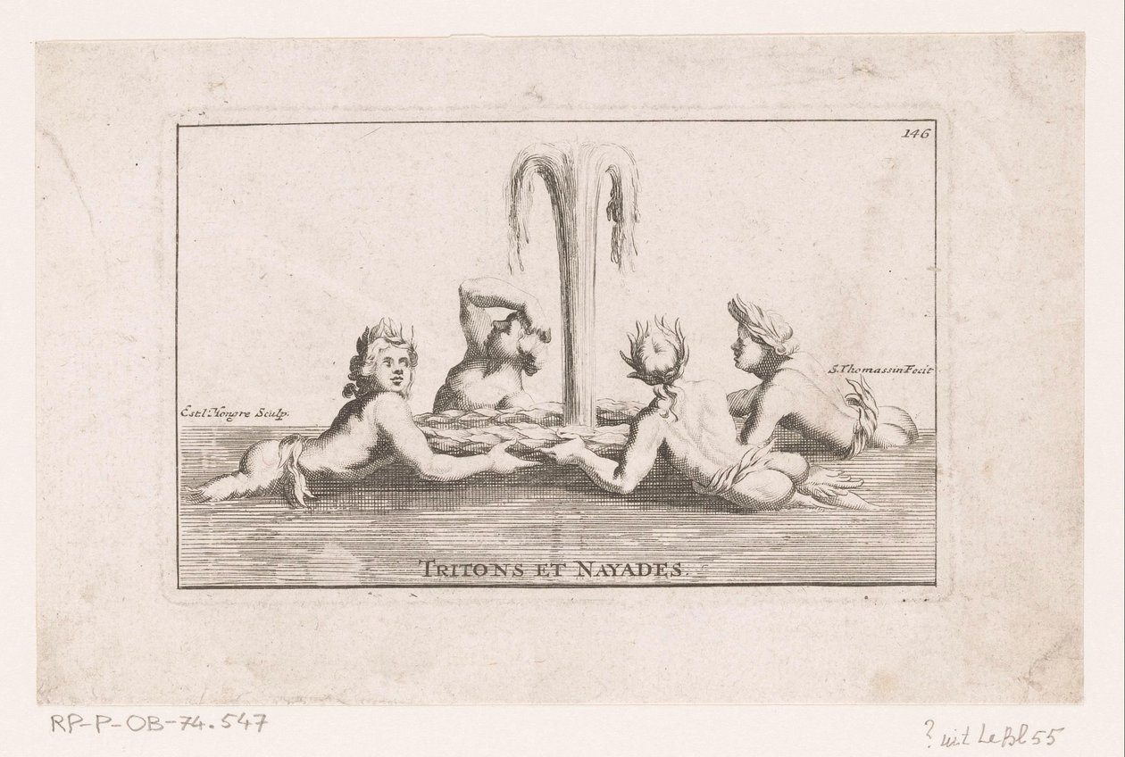 Fonteinsculptuur van tritonen en naïaden Tritones y Náyades. (título en el objeto) Colección de estatuas, grupos, fuentes, términos, jarrones y otros adornos magníficos del castillo y parque de Versalles (título de la serie) de Simon Thomassin