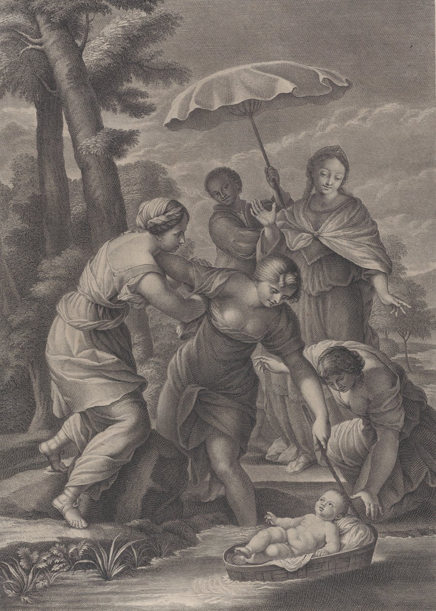 Tres mujeres sacando la canasta con el infante Moisés del agua, ca. 1729 de Simon Vallee
