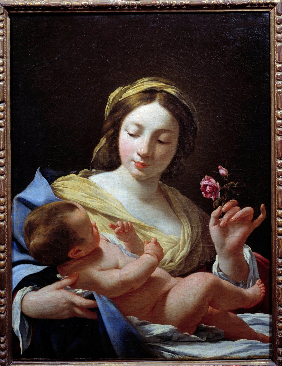 La Virgen, un niño y una rosa de Simon Vouet