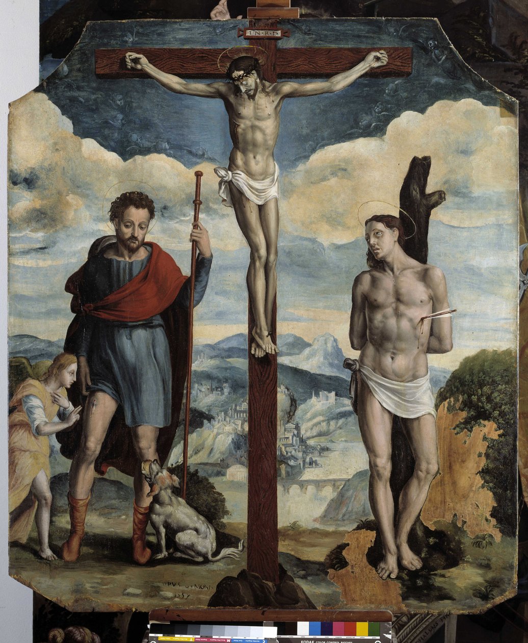 Crucifixión con San Roque y San Sebastián (óleo sobre madera) de Simon de Châlons