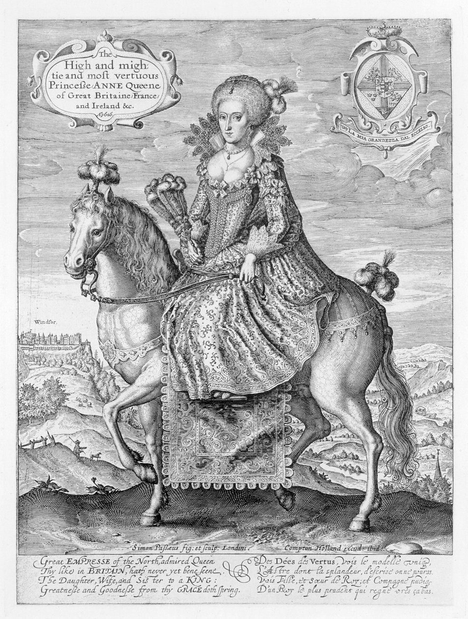 Retrato ecuestre de Ana de Dinamarca (1574-1619) grabado por el artista, publicado por Compton Holland, 1616 de Simon de Passe