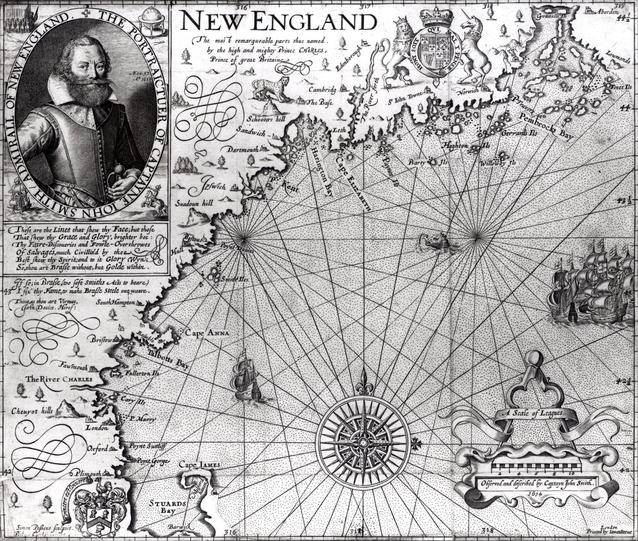 Mapa de la costa de Nueva Inglaterra, observado y descrito por el Capitán John Smith (1580-1631) 1614, de 