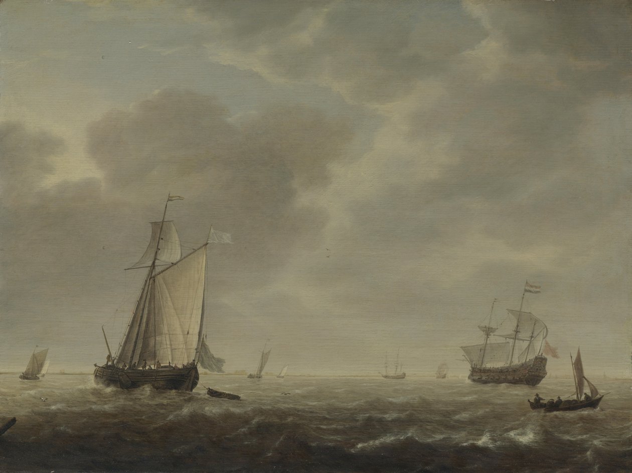 Un navío de guerra holandés y varios barcos en una brisa, c. 1640 de Simon de Vlieger