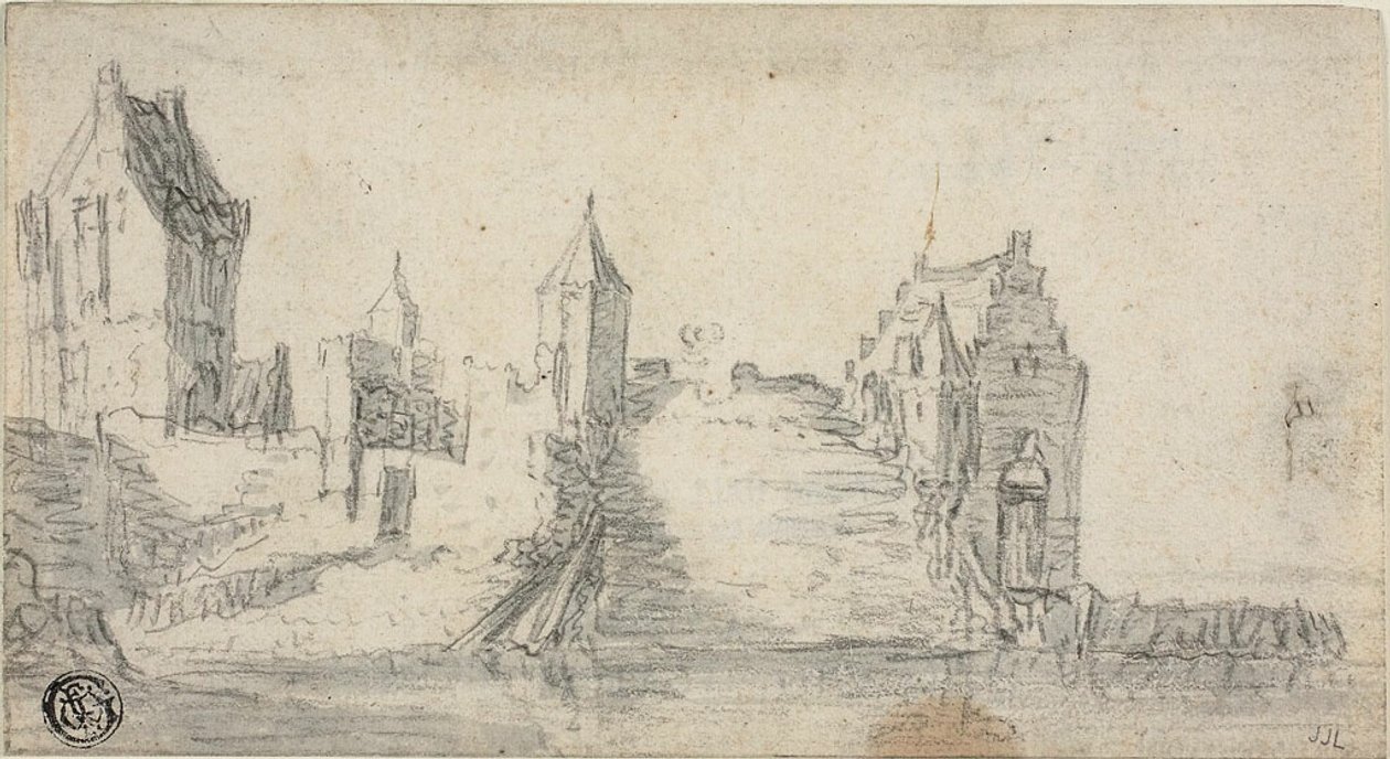 Edificios fortificados al borde del agua de Simon de Vlieger