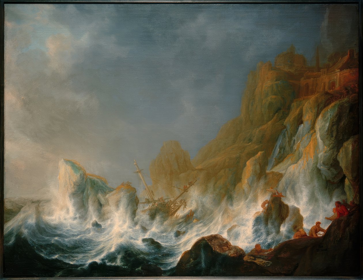 Naufragio en una tormenta en el mar en una costa rocosa de Simon de Vlieger