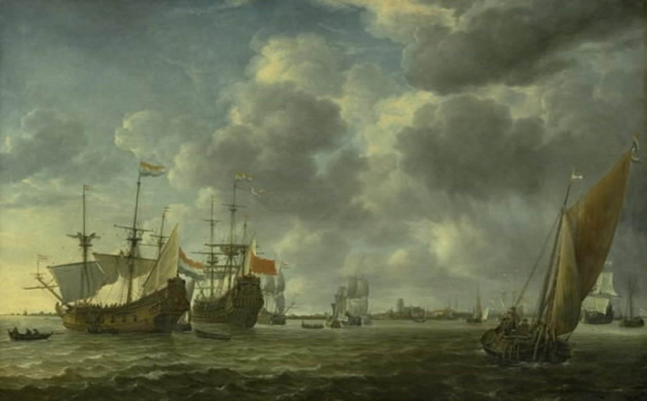 Barcos en el río Mosa frente a Róterdam de Simon de Vlieger