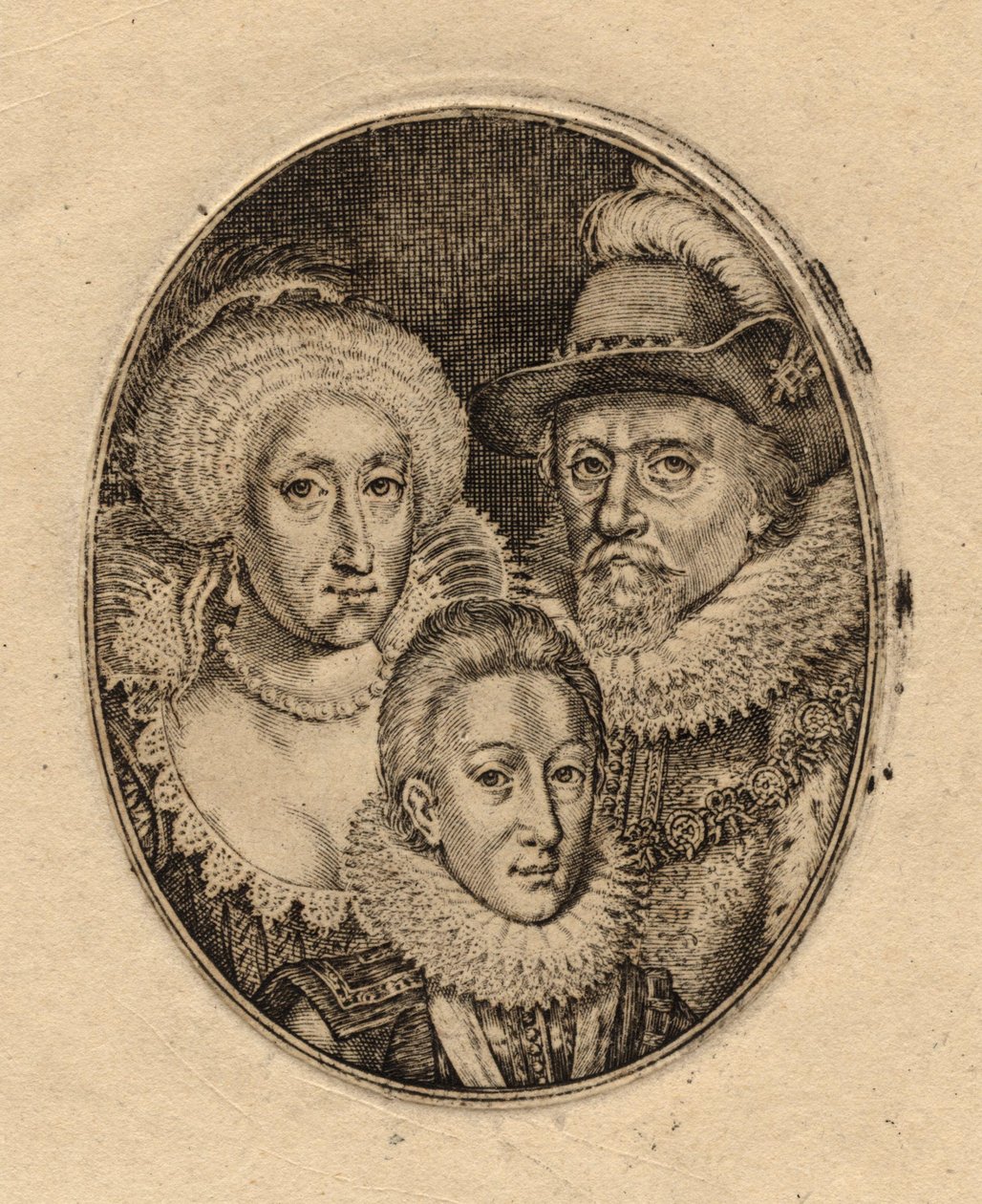 Ana de Dinamarca; el Rey Carlos I cuando Príncipe de Gales; el Rey Jaime I de Inglaterra y VI de Escocia por Simon De Passe (2) de Simon van de Passe