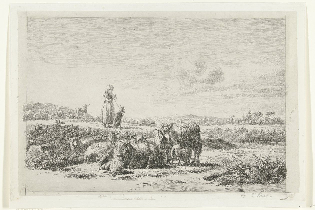 Paisaje con una pastora y un perro con un rebaño de ovejas de Simon van den Berg