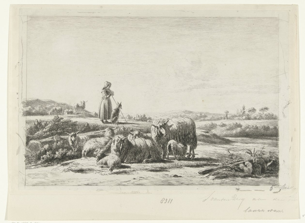 Paisaje con una pastora y un perro con un rebaño de ovejas de Simon van den Berg