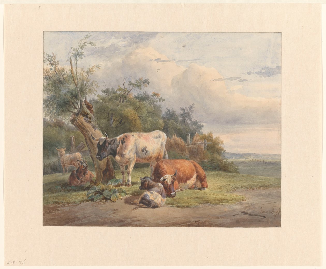 Paisaje con ganado cerca de un árbol de Simon van den Berg