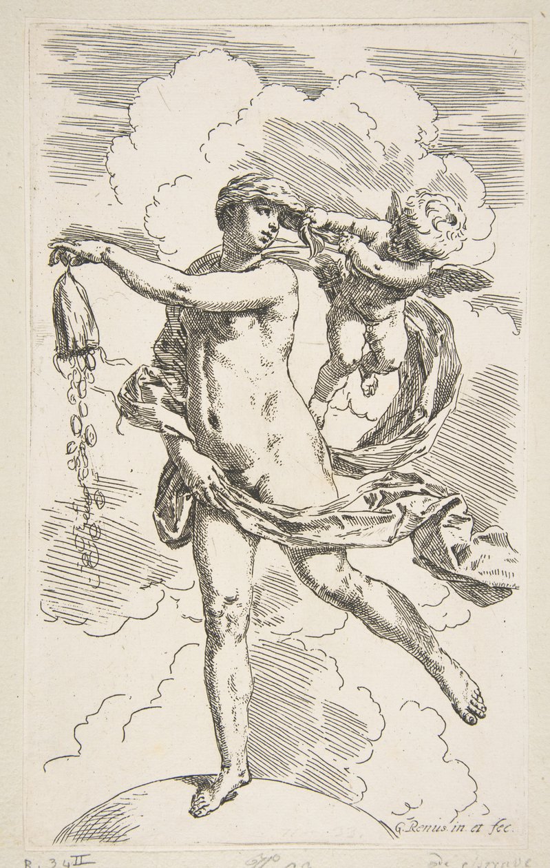 Fortuna de pie sobre un globo vaciando una bolsa de monedas, ca. 1635-1636 de Simone Cantarini