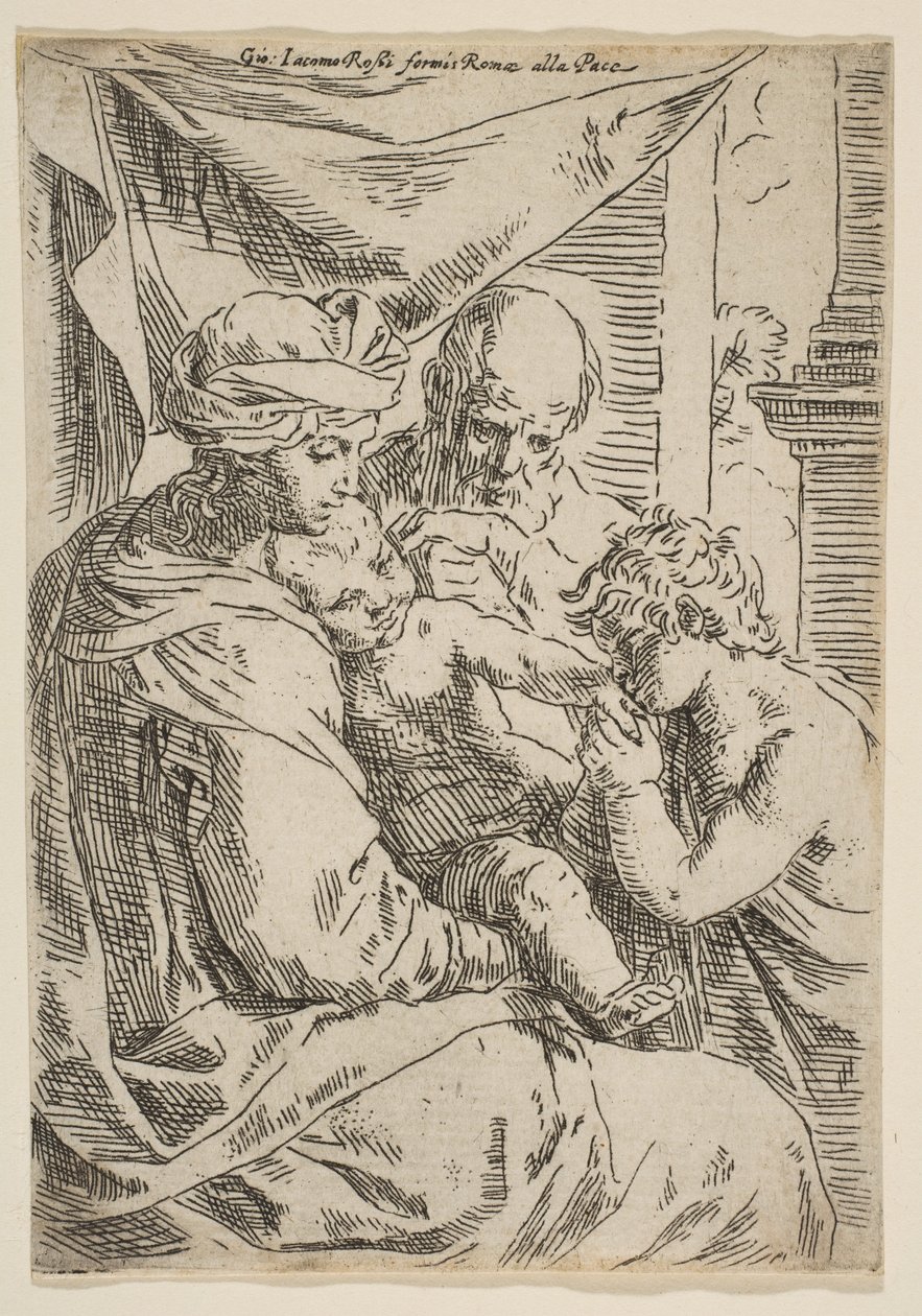 Sagrada Familia con San Juan Bautista besando la mano del niño Jesús, ca. 1642 de Simone Cantarini