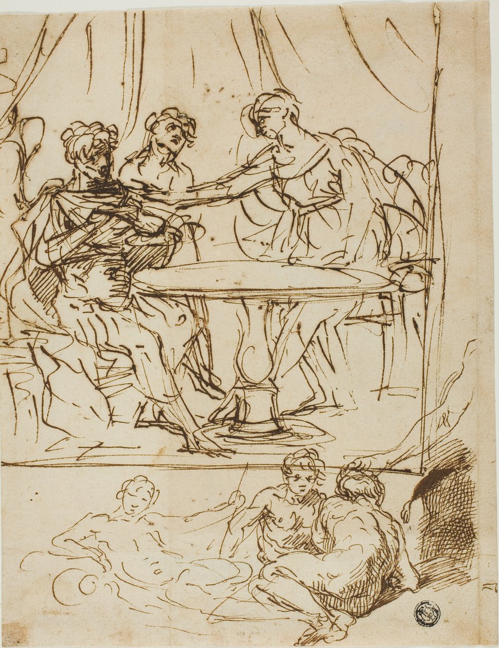 Judith con la Cabeza de Holofernes y Bocetos de Dioses del Río (recto); Cabeza Femenina, Mirando Hacia Arriba (verso) de Simone Cantarini
