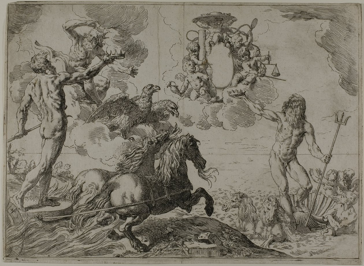 Júpiter, Neptuno y Plutón Ofreciendo sus Coronas a los Brazos del Cardenal Borghese de Simone Cantarini