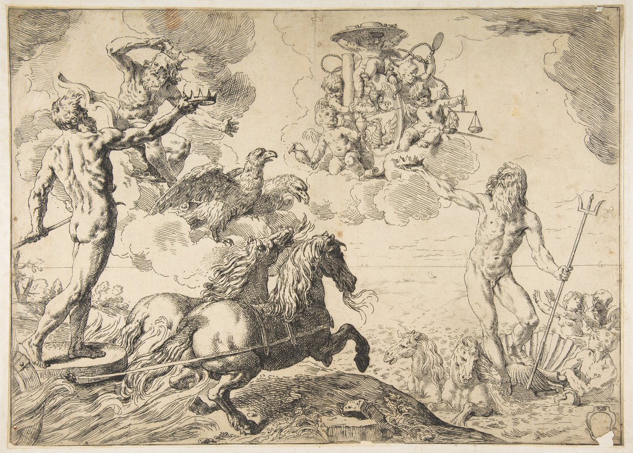 Júpiter, Neptuno y Plutón ofreciendo sus coronas a los brazos del Cardenal Borghese de Simone Cantarini