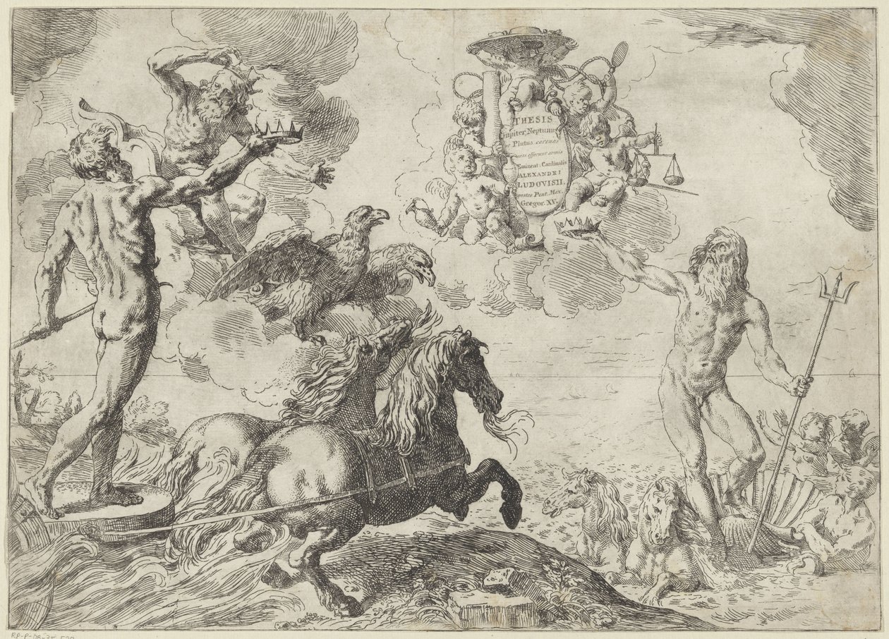 Júpiter, Neptuno y Plutón ofrecen sus coronas a los brazos del cardenal Scipione Borghese Tesis Júpiter, Neptuno y Plutón coronas suas offerunt armis (título sobre objeto) de Simone Cantarini