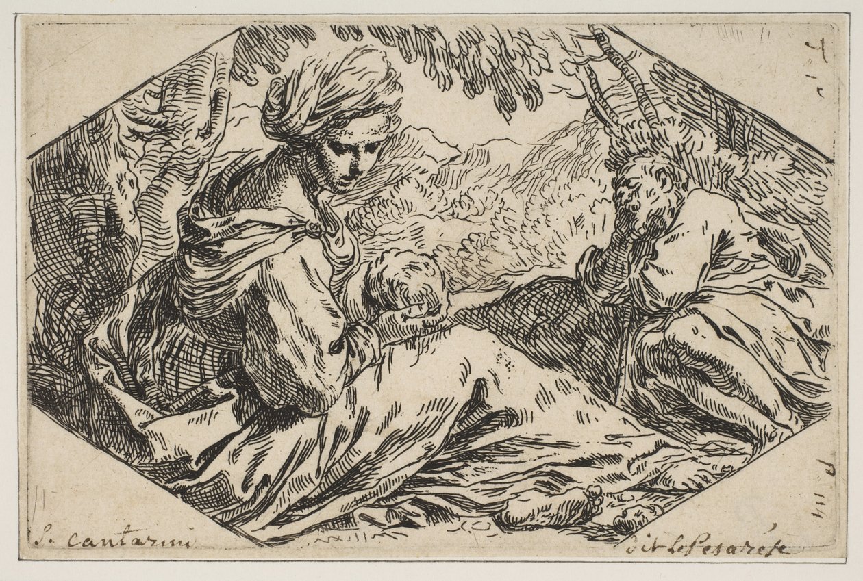 Reposo en Egipto, María sosteniendo y mirando al niño Cristo mientras San José... de Simone Cantarini