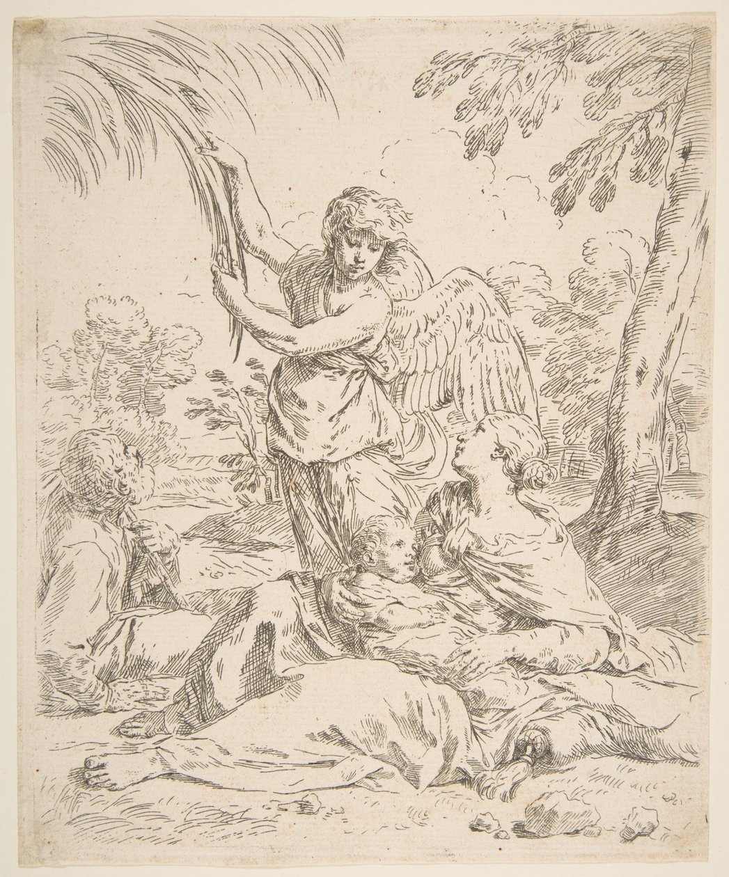 Reposo en Egipto, María amamantando al niño Cristo mientras un ángel tira de las ramas de un árbol de Simone Cantarini