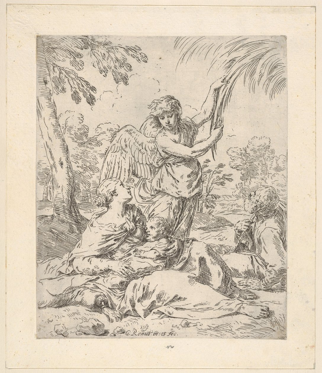 Reposo en Egipto, María amamantando al niño Jesús mientras un ángel tira de una rama de árbol de Simone Cantarini