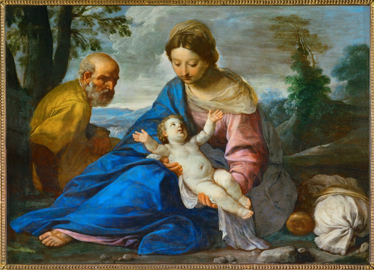 Descanso en la huida a Egipto (pintura sobre lienzo sobre madera) de Simone Cantarini