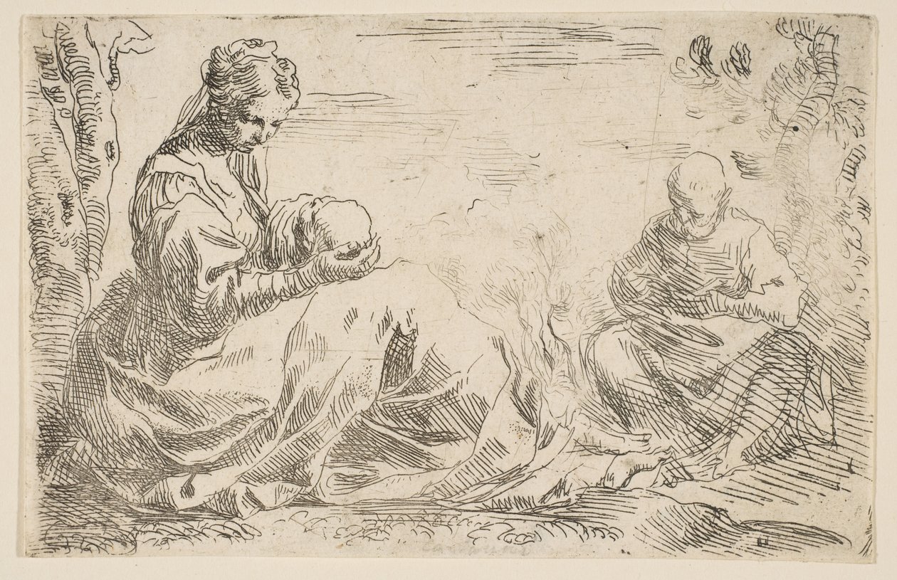 Descanso en la huida a Egipto, María sosteniendo y mirando al niño Cristo mientras San..., ca. 1637 de Simone Cantarini