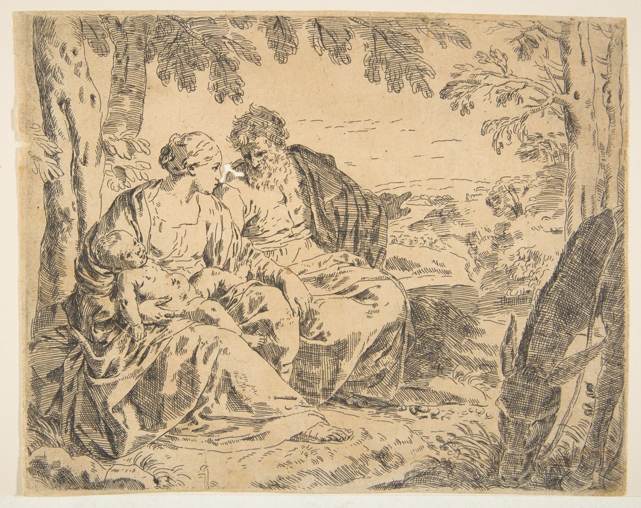 Descanso en la huida a Egipto, María sosteniendo al niño Jesús mientras San... de Simone Cantarini