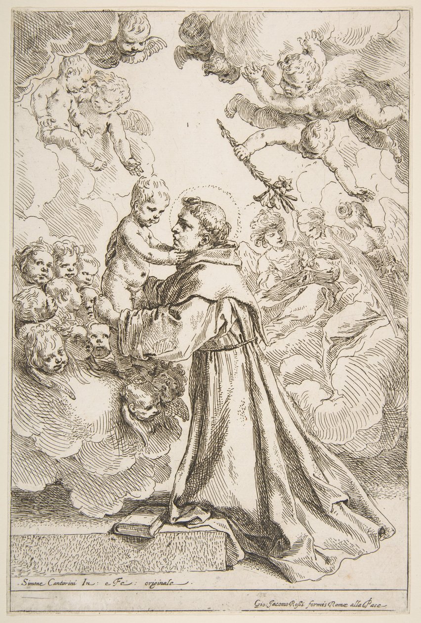 San Antonio de Padua adorando al Niño Jesús en su gloria de Simone Cantarini
