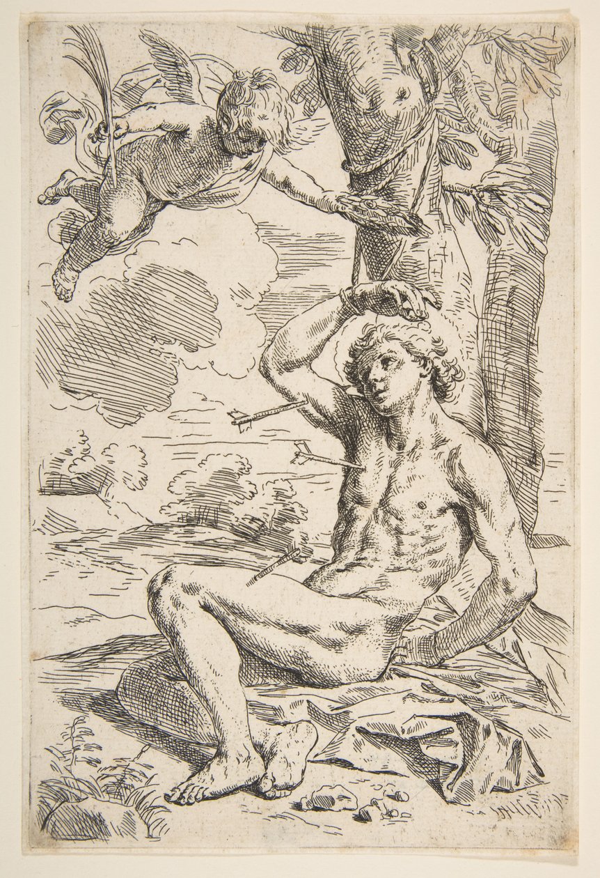 San Sebastián atravesado por flechas y atado a un árbol, ca. 1639 de Simone Cantarini