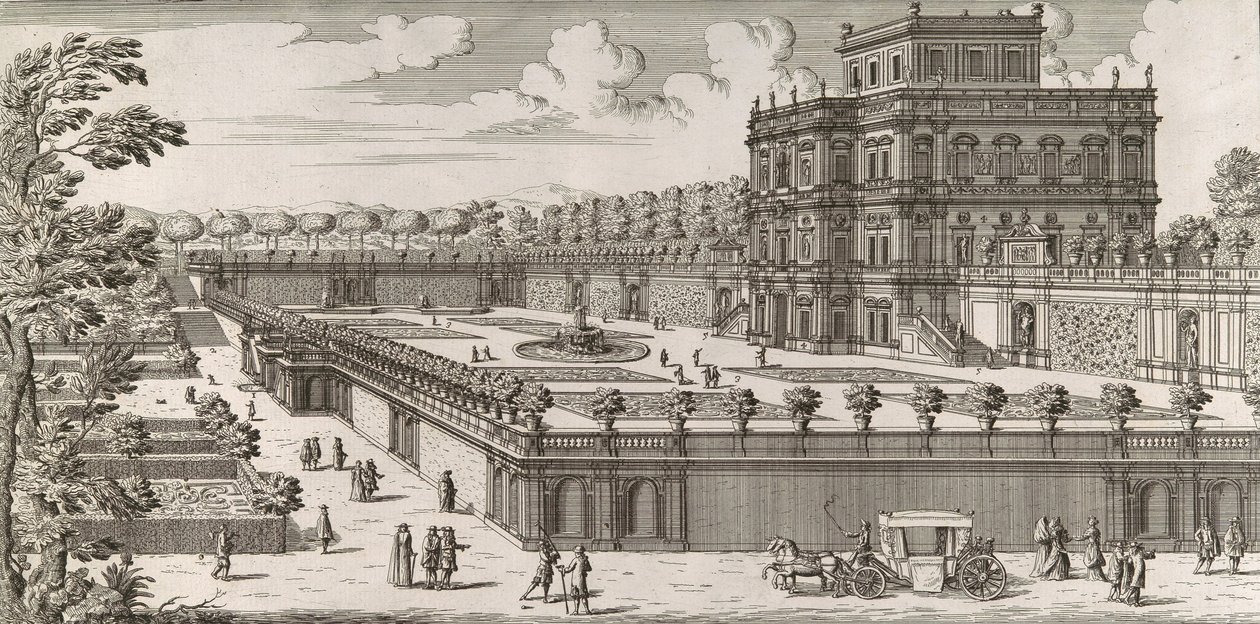 Vista de la fachada lateral del Palazzo Pamphili y su jardín Segundo prospetto pe..., después de 1677 de Simone Felice