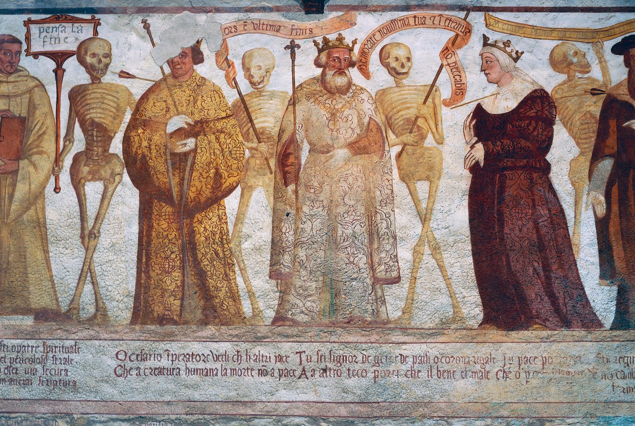 La Muerte con el Emperador, el Rey y la Reina (detalle de La Danza de la Muerte) de Simone II Baschenis