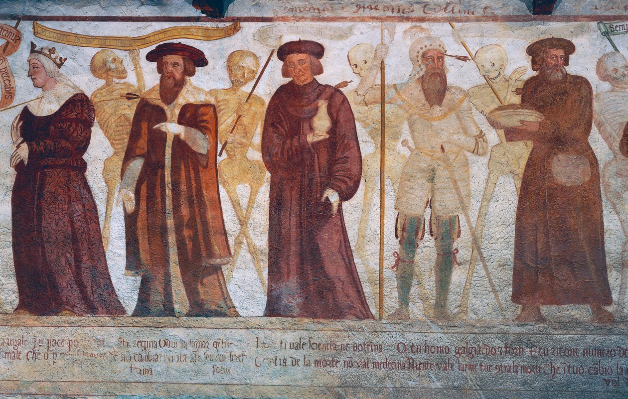 La Muerte con la Reina, el Duque, el Doctor y el avaro rico (detalle) de Simone II Baschenis