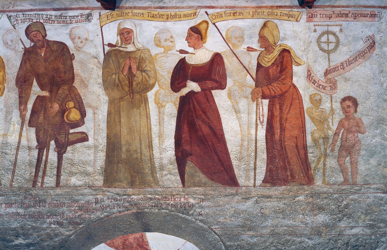 La muerte con el hombre cojo, la monja, la joven, la anciana y el niño, detalle de La Danza de la Muerte de Simone II Baschenis
