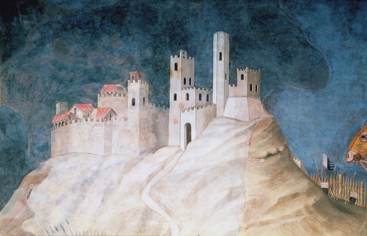 Conmemoración de Guidoriccio da Fogliano en el sitio de Montemassi (detalle de la fortaleza de Montemassi) de Simone Martini