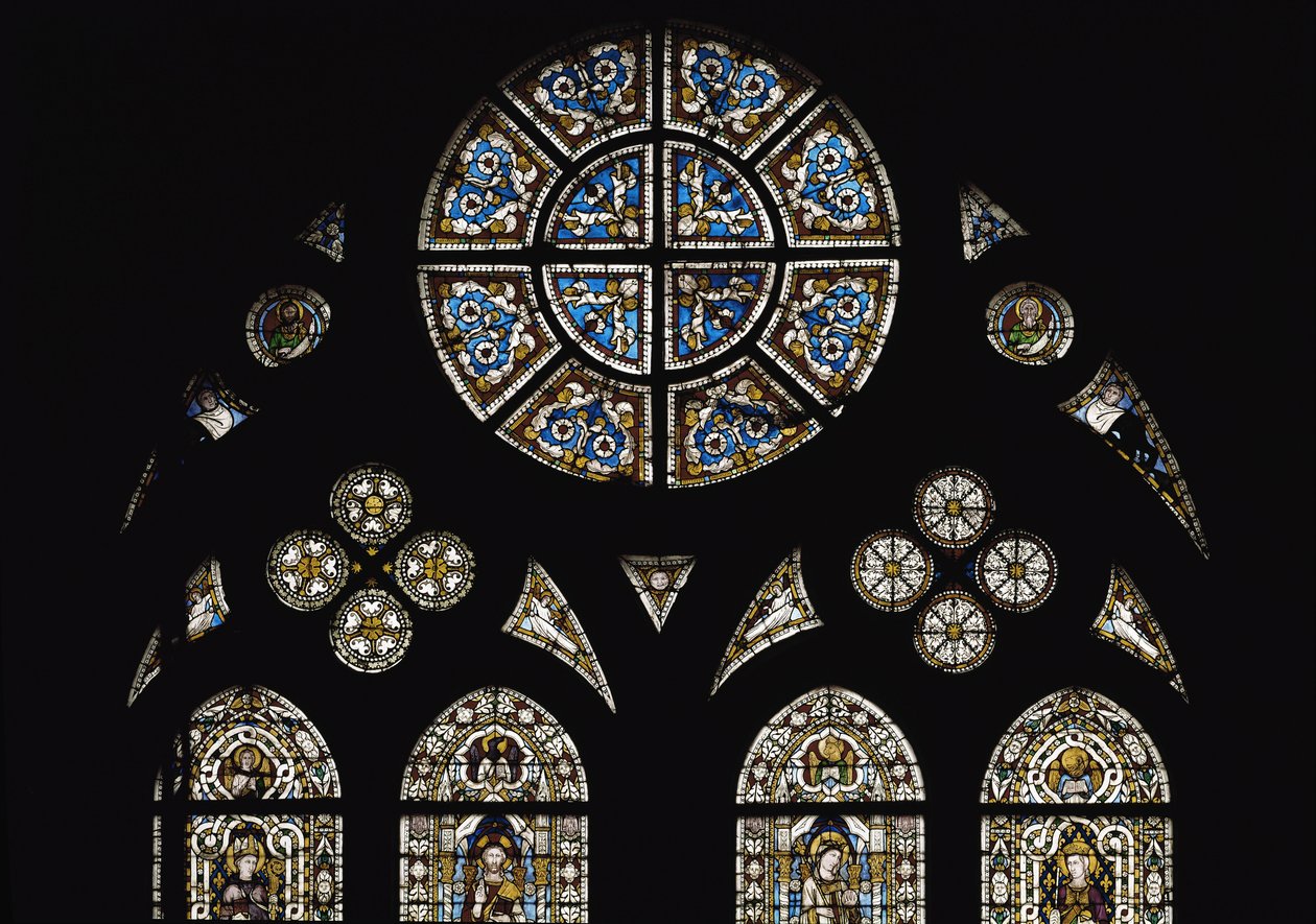 Detalle del rosetón central, con símbolos de los evangelistas en las ventanas ovaladas - Vidriera de Simone Martini. Basílica de San Francisco de Asís, Iglesia Inferior, Capilla de San Luis, Asís de Simone Martini