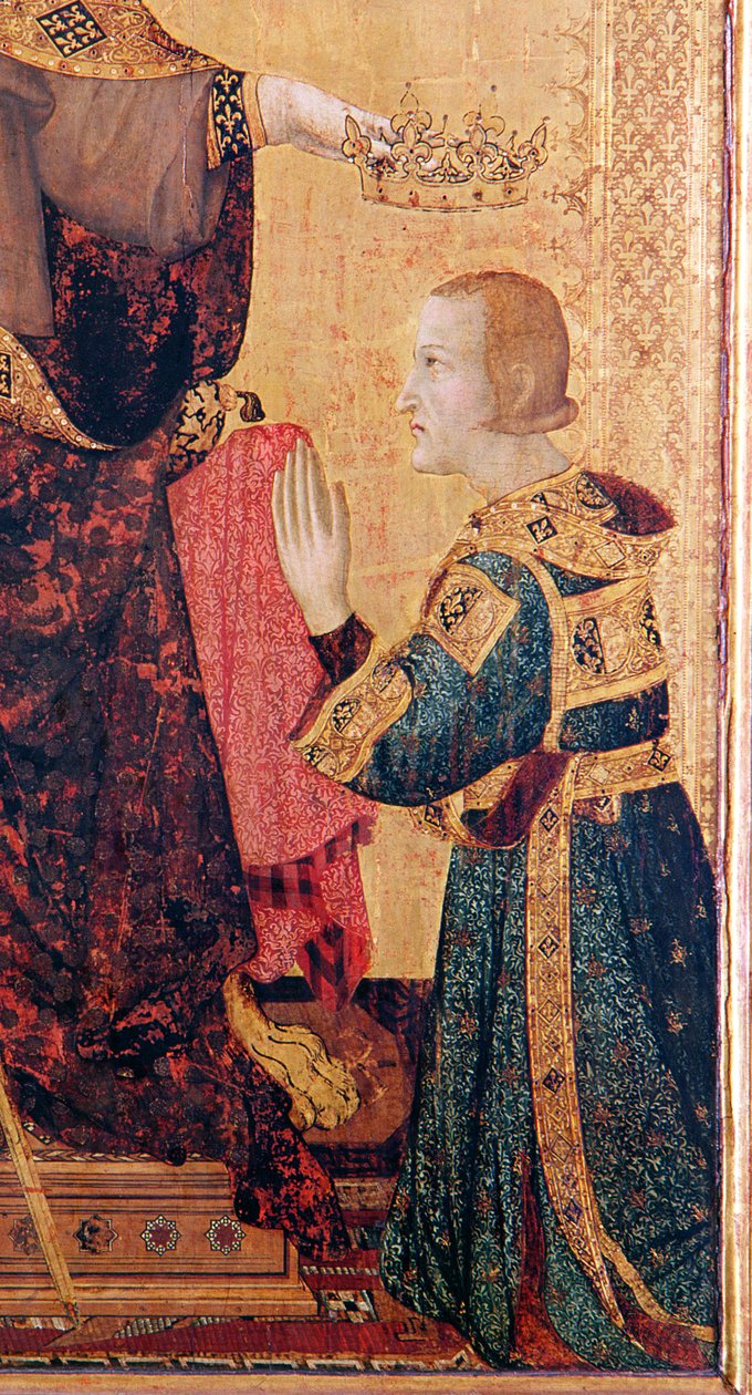 San Luis de Tolosa (1274-97) coronando a su hermano, Roberto de Anjou (1278-1343) del Altar de San Luis de Tolosa, 1317 (detalle) de Simone Martini