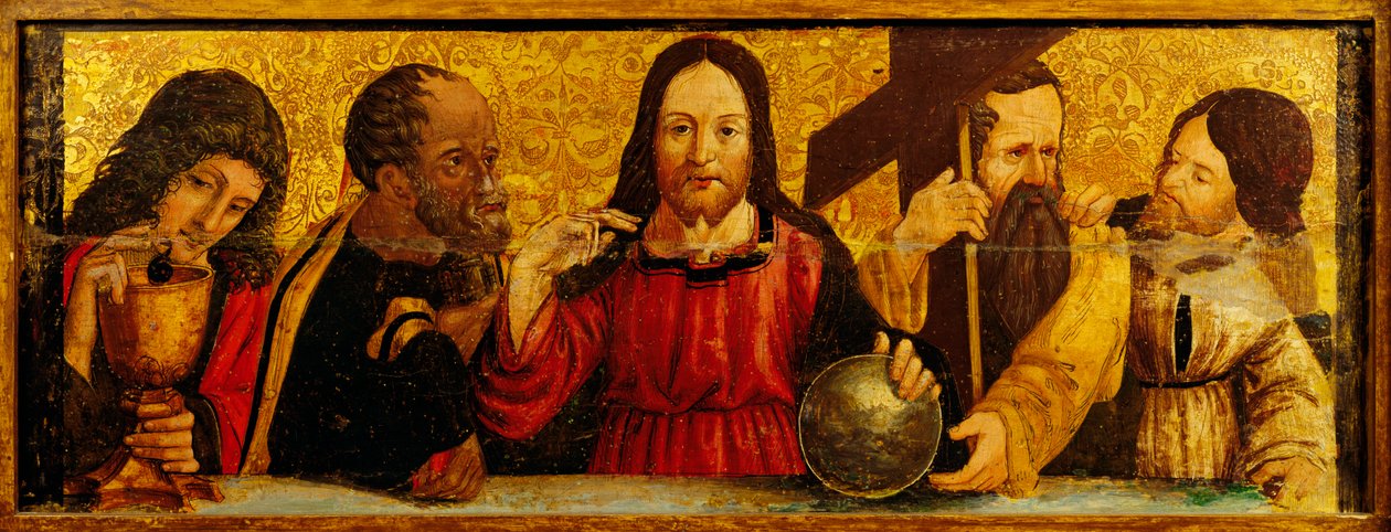 Última Cena, detalle de la predela de un políptico de Simone da Firenze, pintura sobre madera, Iglesia de los Santos Pedro y Pablo, San Chirico Raparo, Potenza, Italia. de Simone da Firenze