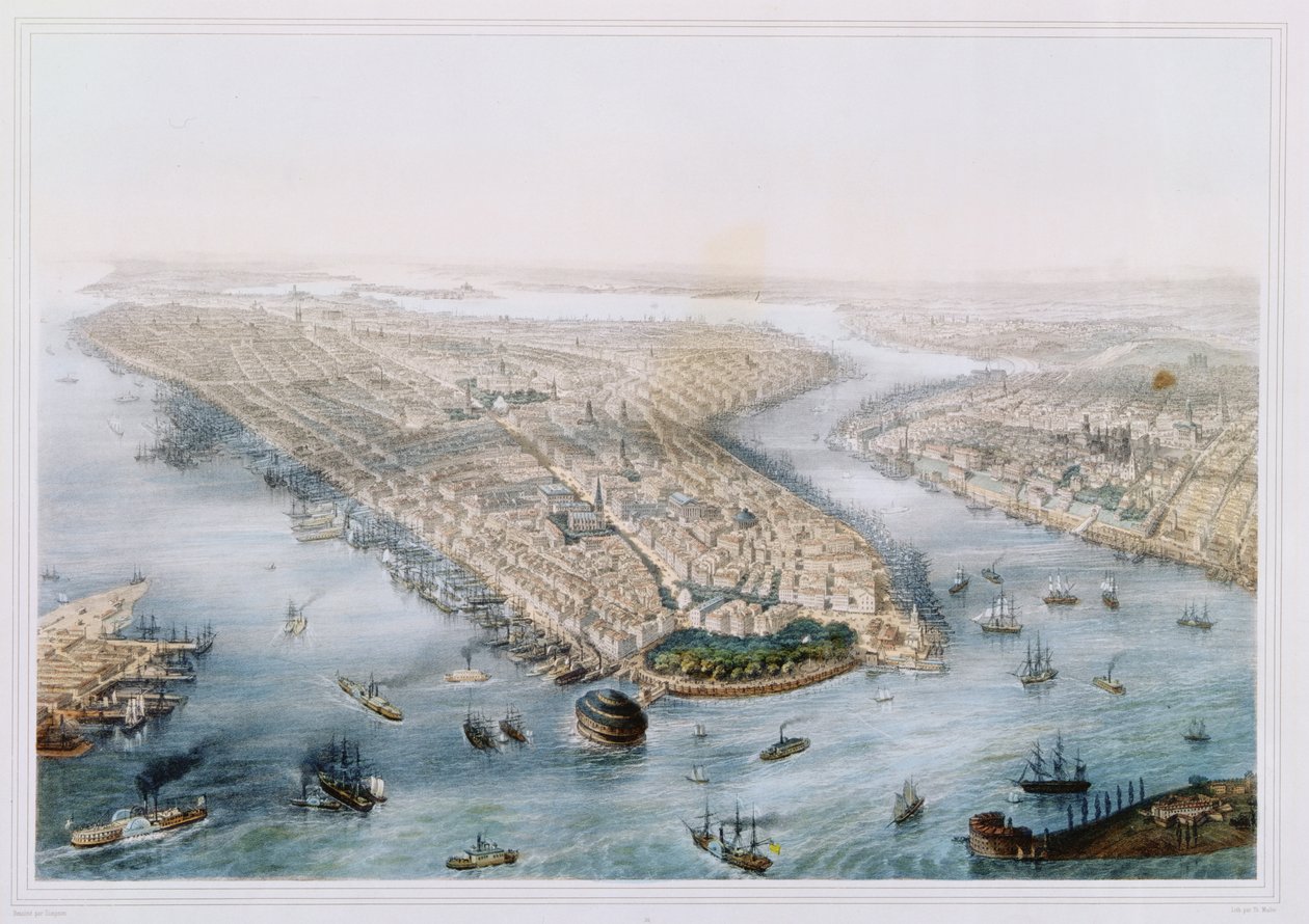 Vista aérea de Nueva York y Brooklyn, grabado por T.H. Muller, publicado por L. Turgis, París, c.1850 de Simpson