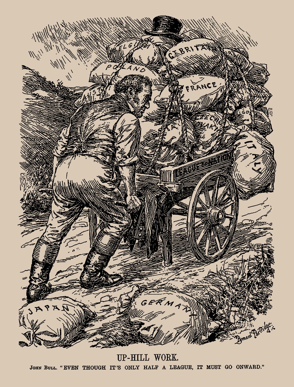 Trabajo cuesta arriba. John Bull. Aunque sea solo media legua, debe continuar, 1935 de Sir Bernard Partridge