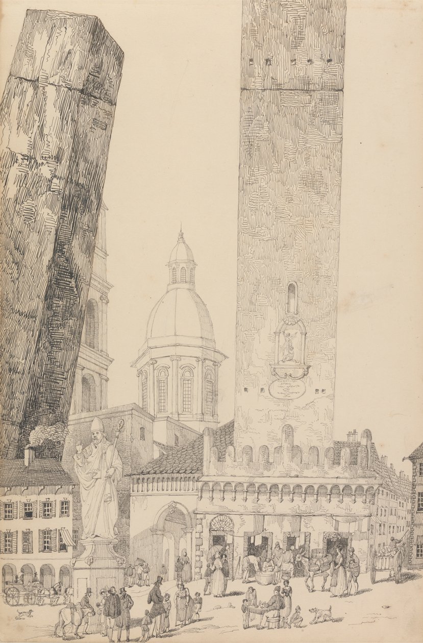 Álbum de 30 vistas del Tirol e Italia: Torres inclinadas, Estatua de San Francisco, Bolonia 12 Nov.r 1840 de Sir Charles D